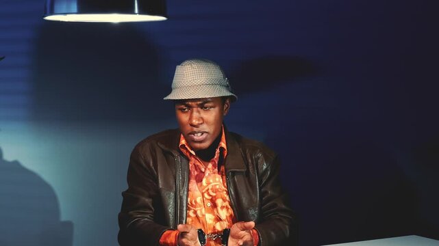 A young black man wearing a fedora and leather jacket gestures with both hands while seated at a table in a dark, dramatic indoor interview setting with strong artificial lighting.