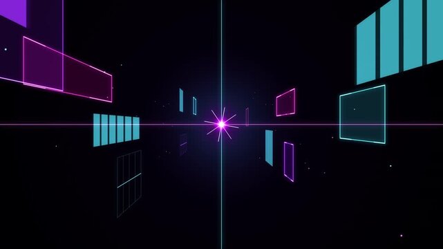 Glowing neon geometric shapes flying through a futuristic digital tunnel space with central flare