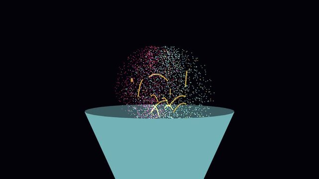 Abstract 2D motion graphics animation of a blue funnel with colorful exploding particles and yellow lines shooting out, representing sales conversion, data funnel, or ideas popping on black background
