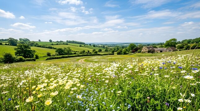 Wildflower meadow with green rolling hills under blue sky