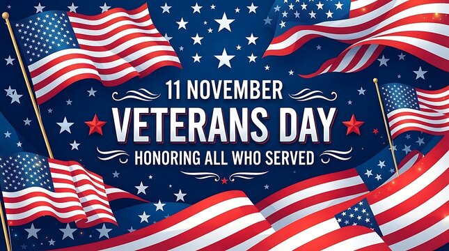 Veterans day patriotic background with waving american flags and starry night sky