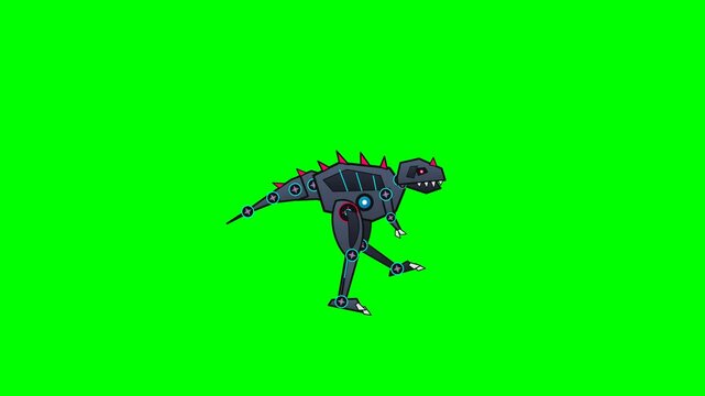 A motion graphic of a robotic T-Rex dinosaur walking, metallic joints moving, vibrant colors, clean vector style, seamless loop on a green screen.