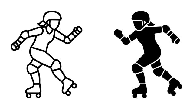 Roller Derby Athlete Icons, Female Skater Silhouette, Action Sport Vector Graphics, Protective Gear, Black and White Line Art