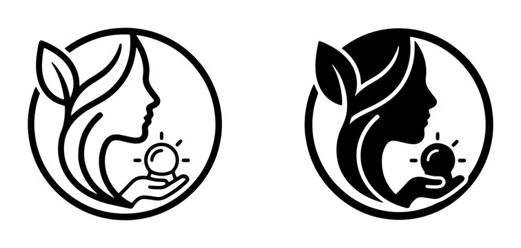 Elegant Woman Silhouette Logo, Fortune Teller Crystal Ball Icon, Natural Beauty Emblem, Psychic Vision Symbol, Vector Graphics Set