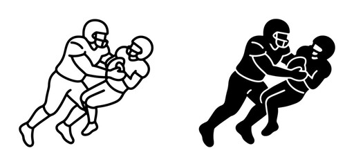 Fototapeta premium American Football Action Icons: Two Players Tackling, Line Art and Silhouette Vector Graphics for Sports and Game Concepts