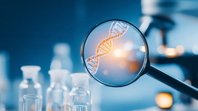 A magnifying glass examines a DNA helix in a laboratory representing genetic research biotechnology and molecular analysis.
