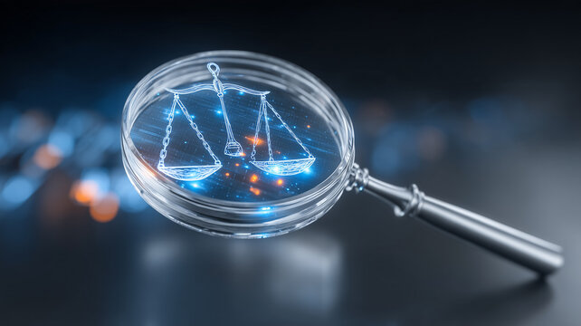 A magnifying glass reveals scales of justice representing legal analysis fairness regulatory compliance and judicial investigation.
