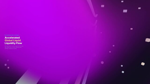 Futuristic abstract animation showcasing accelerated global liquid liquidity flow across an enterprise data highway, with elegant curved lines, dynamic floating cubes, and vibrant purple light tran...