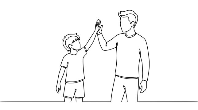 Continuous Line Drawing of Father and Son Giving High Five Happy Family Teamwork Minimalist Parent and Child Concept Vector Illustration