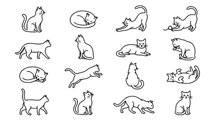 Obraz premium Cute Cat Poses and Domestic Kitten Behaviors Icon Set Featuring Sitting Sleeping Stretching Walking Jumping Scratching and Playful Animal Outline Vectors