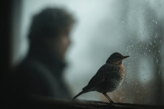 Songbird rests near a window as a human silhouette beyond the glass evokes harmony with nature