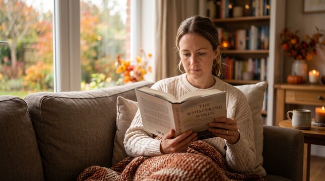Young woman reading book comfortably on cozy sofa in living room with natural light during autumn season