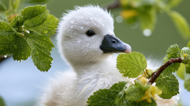 Cute white mute swan cygnet bird Cygnus olor portrait in green leaves