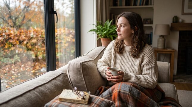 Thoughtful young woman sitting on cozy sofa holding mug looking out window at autumn foliage in living room