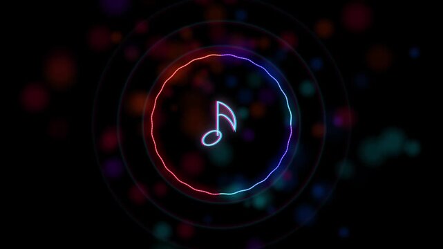 Glowing neon music note inside circular audio waveform with colorful bokeh particles background