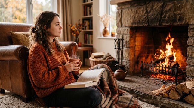 Young woman relaxing by a warm stone fireplace holding a cup of hot drink with an open book resting on her lap inside a cozy living room during winter season