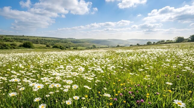 Wild daisies blooming in a green meadow with rolling hills