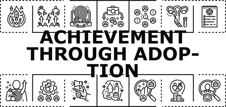 Achievement through adoption banner infographic. Effort change, implementation acceptance, learning growth icon vector illustration