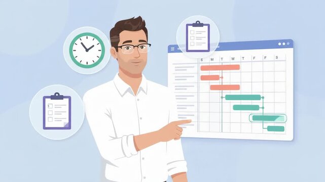 Businessman explaining project management and task scheduling with Gantt chart illustration.