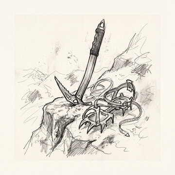 Mountain climbing gear sketch with ice axe and crampons on a cliff