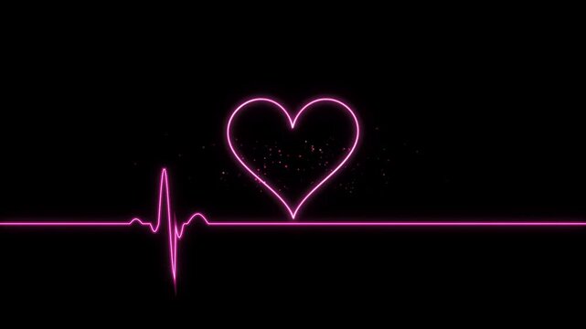 Glowing neon pink heart pulse with heartbeat medical animation on a dark black background loop