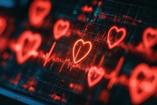 Red neon hearts and ekg waveform showing medical monitoring and cardiology data