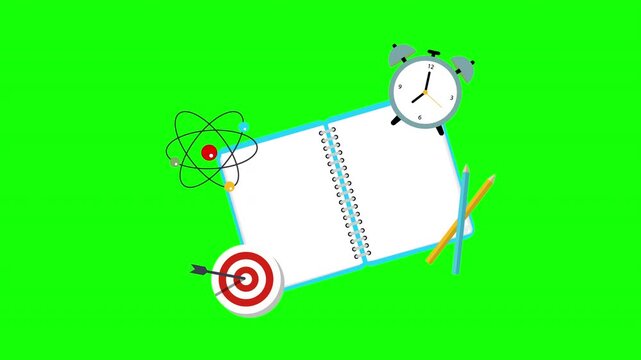 Academic Planning and Goal Setting Concept with Notebook, Alarm Clock, Atom Symbol, Target and Pencils