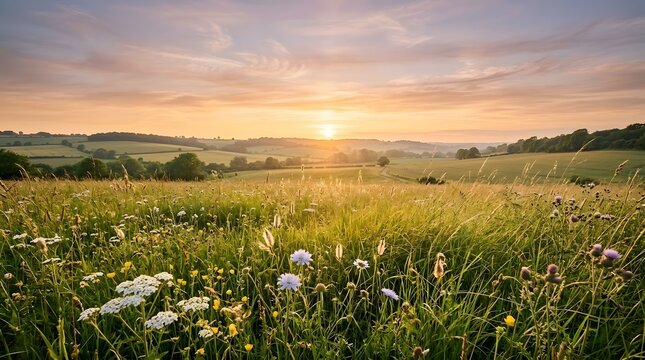 Sunset over wildflower meadow with rolling hills