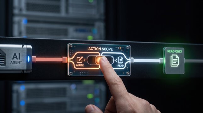 Runtime AI Governance - A human hand switches an AI agent&rsquo;s database permission from write to read, ensuring secure read-only access for data protection.