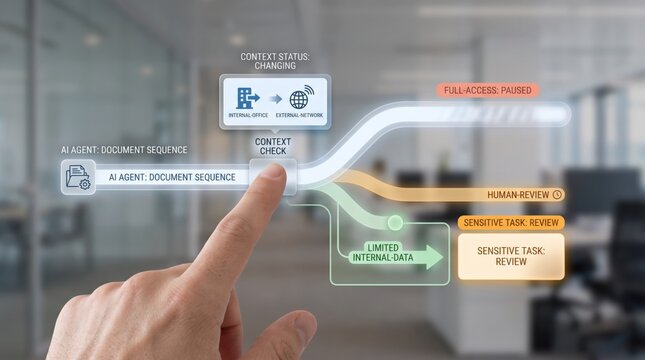 Runtime AI Governance - A human hand manages AI access by context checking and rerouting sensitive requests for review, symbolizing control and responsible technology use.