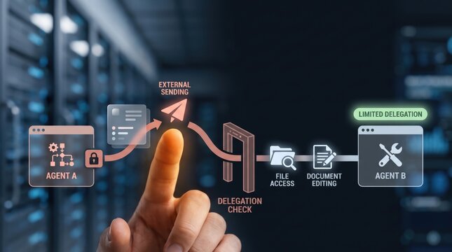 Runtime AI Governance - A hand removes authority at a delegation checkpoint, symbolizing limited delegation from one agent to another in a business context.