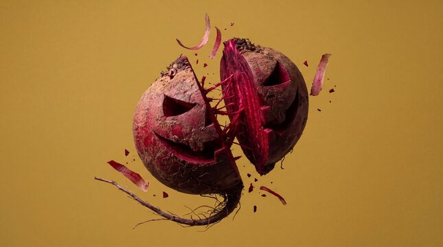 Spooky carved beetroot jack o lantern splitting in half with roots