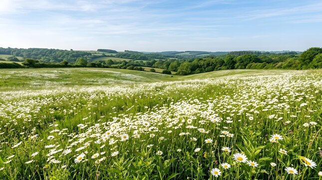 Wildflower meadow with daisies and green hills under blue sky