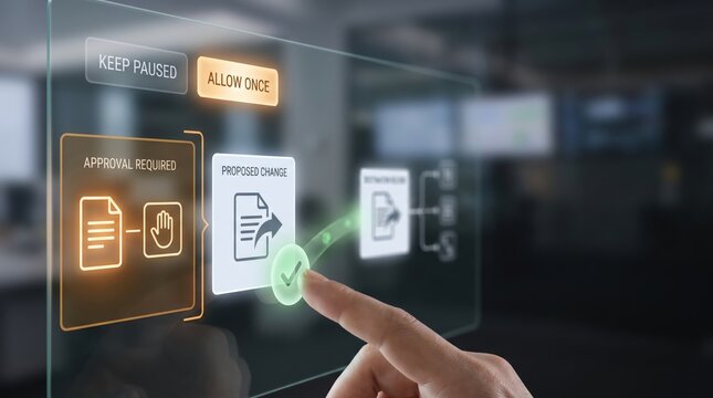 Runtime AI Governance - A hand selects "Allow Once" on a device screen to approve a proposed change, keeping the option to remain paused for security or privacy control.