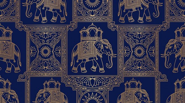 Elegant royal blue and gold elephant procession seamless pattern background with traditional lotus ornaments for Esala Perahera decor