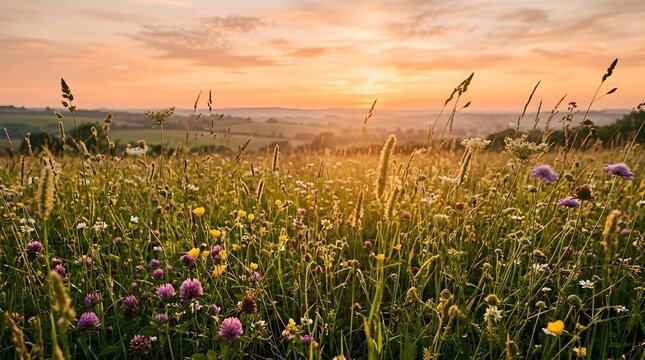 Wildflower meadow at golden hour with rolling hills background