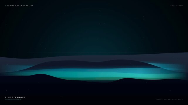 Futuristic sci-fi HUD horizon scan of slate ranges with moving digital topographic data overlay in a dark teal minimalist graphic landscape, perfect for technology and military videos.