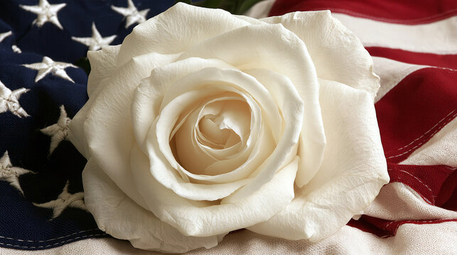 White rose flower Rosa rubiginosa resting on red and blue flag fabric