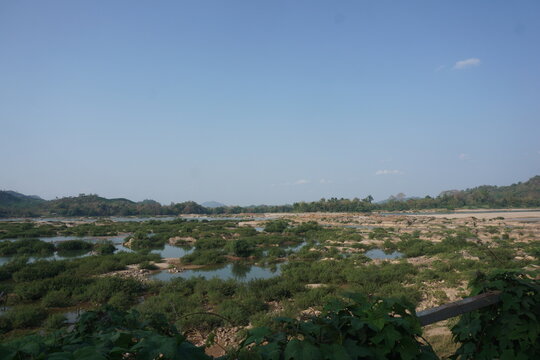 Panoramic view of Phan Khod Saen Khrai, natural rock islets in the Mekong River, Sangkhom District, Nong Khai.