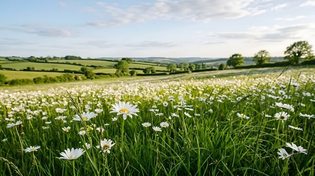 Wild daisies in a green meadow with rolling hills and sky