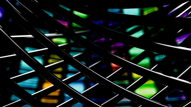 Black metal bars intersect with colorful stained glass