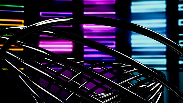 Black double helix dna model with colorful neon background