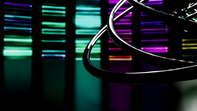 Dna double helix model with colorful genetic code bars