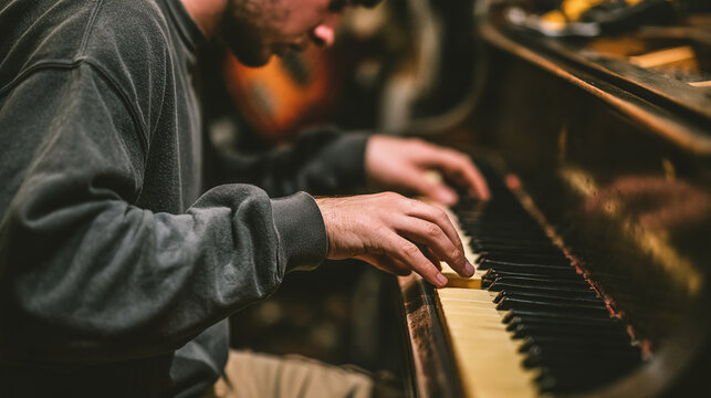 Musician play piano in studio with warm moody lights for concert project