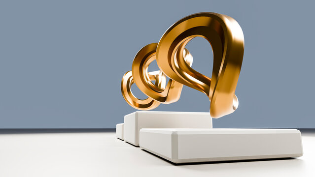 Golden abstract loops on white platforms in minimalist studio