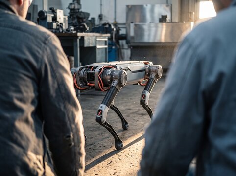 Engineers in an industrial workshop inspecting and testing an advanced autonomous quadruped robot dog