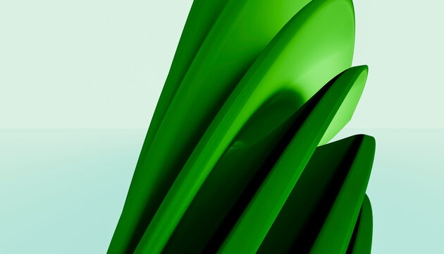 Green abstract sculpture with curved leaf-like shapes