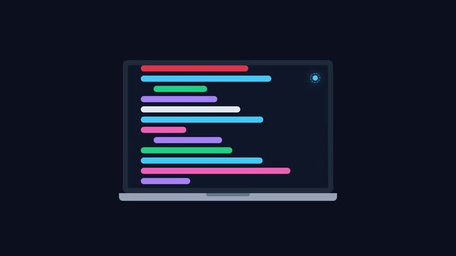 Flat vector laptops showing coding and software development stages