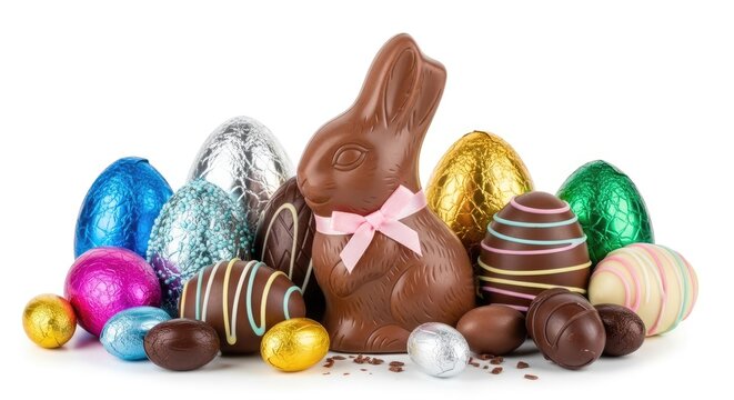 A chocolate bunny sits amongst a collection of colorful Easter eggs and chocolate candies. The bunny is brown and has a pink ribbon.