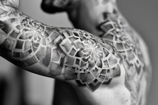 Male arm displaying detailed black and white geometric mandala tattoo